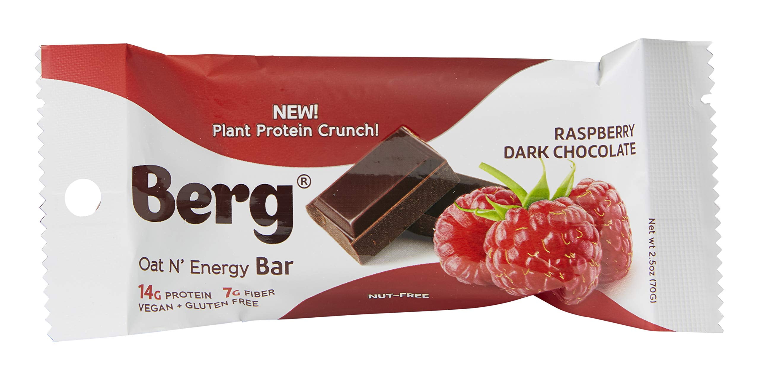 Berg Oat N' Energy Bar | Plant Based Protein Bar | Non-GMO, Gluten Free, Nut Free and Vegan | Low Sugar, Healthy Snack Bar | High Fiber | On The Go | 2.5oz, Pack of 8 (Raspberry Dark Chocolate)