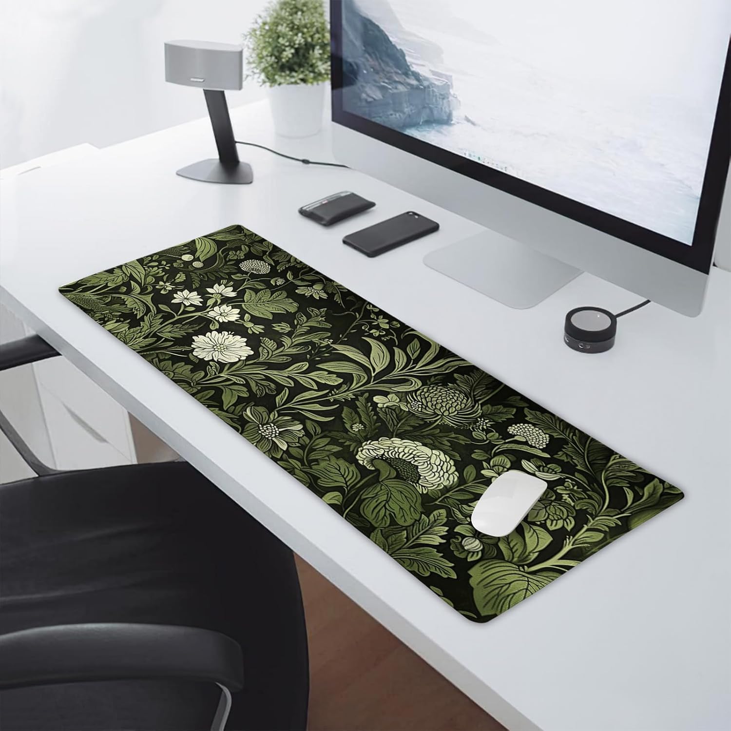 Botanical Green Leaves Gaming Mouse Pad XL Beige Plant Black Aesthetic Extended Big Large Desk Mat Non-Slip Rubber Base Stitched Edge Long Keyboard Mousepad for PC Computer Laptop,31.5×11.8 in
