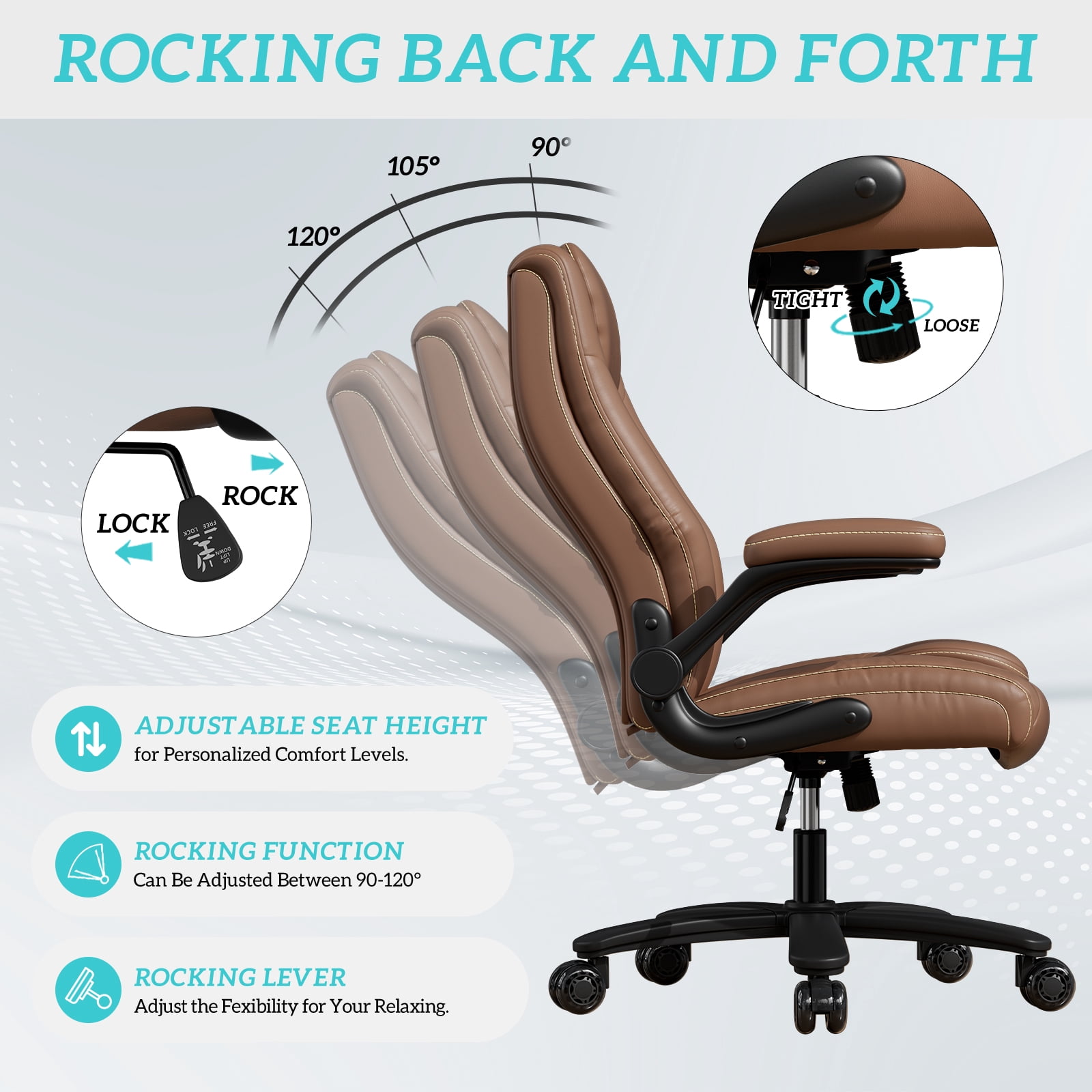 Ninecer Big and Tall Office Chair 400lbs, High Back Executive Computer Desk Chair with PU Leather, Ergonomic Swivel Chair with Adjustable Height, Rocking Function and Padded Flip-up Armrests, Brown
