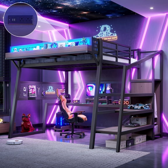 HICOMILA Full Gaming Loft Bed Frame With Storage Stairs, Pegboard, Wardrobe, USB Ports & LED Lights, Noise Reduced Metal Bed Black