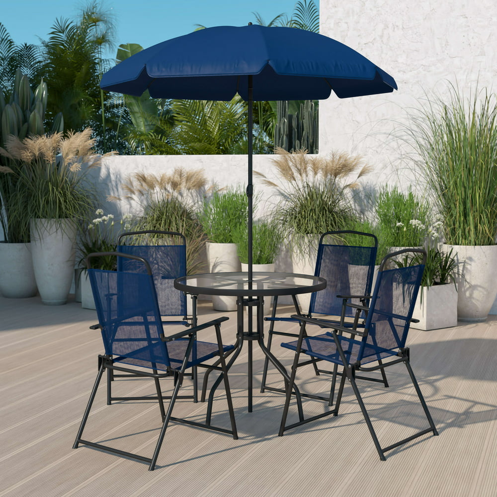 Flash Furniture 6 Piece Navy Patio Garden Set With Umbrella Table And