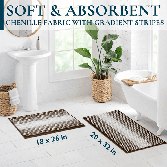 ComfiTime Bathroom Rug Set, 20" x 24" & 20" x 32", 1500GSM Slip-Resistant Chenille Bath Mat for Tub, Bathroom Floor, Machine Washable, Ultra Absorbent, Small or Long, Black, Gray, Blue, Green & Brown