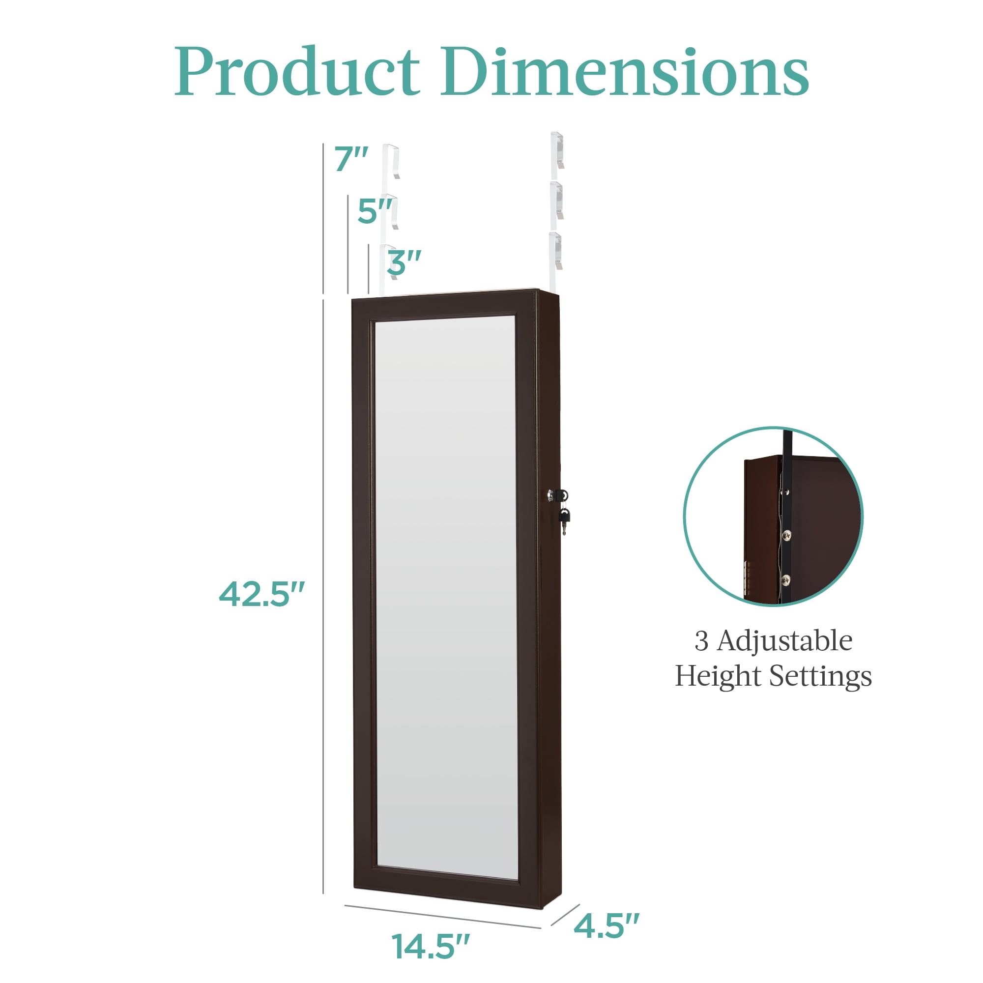 Best Choice Products Hanging Mirror Jewelry Armoire, Door or Wall Mounted Cabinet w/ LED Lights, Lock - Espresso