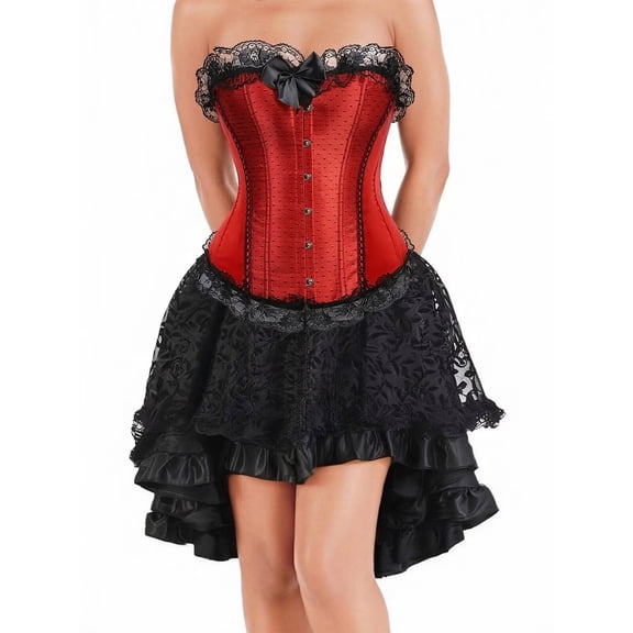 Grebrafan Women Floral Lace Red Corset and Black Burlesque Skirt Set 3XL