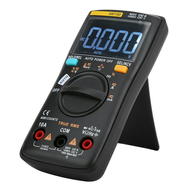 AN113D Multimètre Numérique Noir avec Affichage 6000 Unités – Testeur Électrique Auto-Rangement pour Mesure de Tension AC/DC, Test de Transistors/diode – Outil Fiable pour Électronique, Maintenance & Bricolage