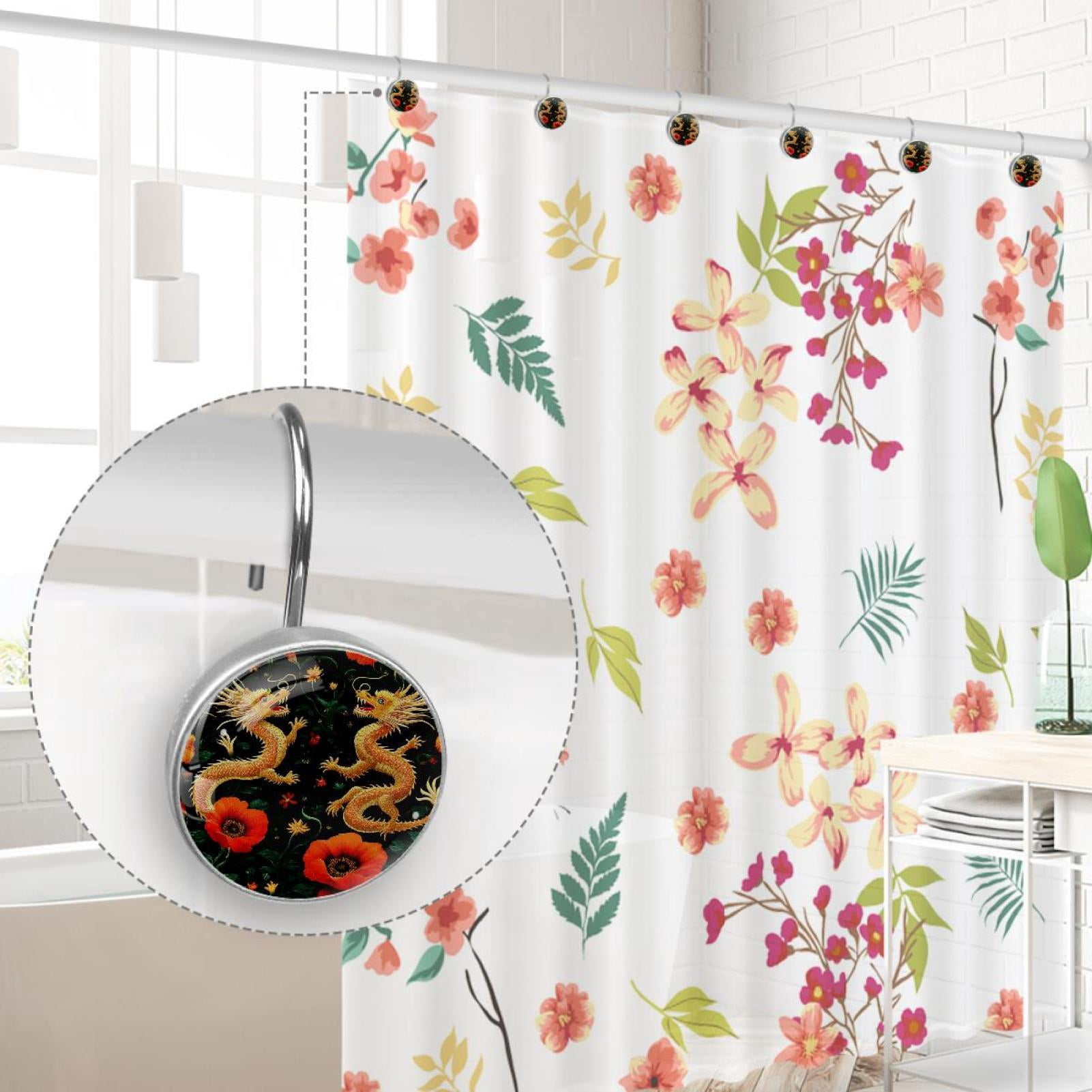 Blossom Red Poppies Dragons Shower Curtain Hooks Round Crystal Glass, Set of 12 Shower Curtain Rings - Shower Hooks for Curtain Shower Rings