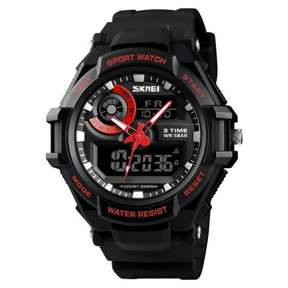 EXPLOJOY Men's Dual Display Sport Watch – Waterproof, PU Leather Strap, Digital & Analog