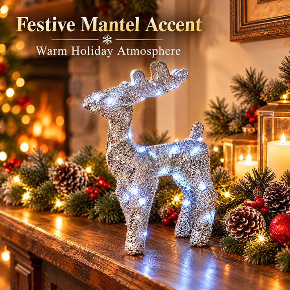 Lighted Metal Mesh Reindeer Christmas Decoration with LED Lights, Holiday Deer Figurine for Indoor Outdoor Yard and Home Display, Silver