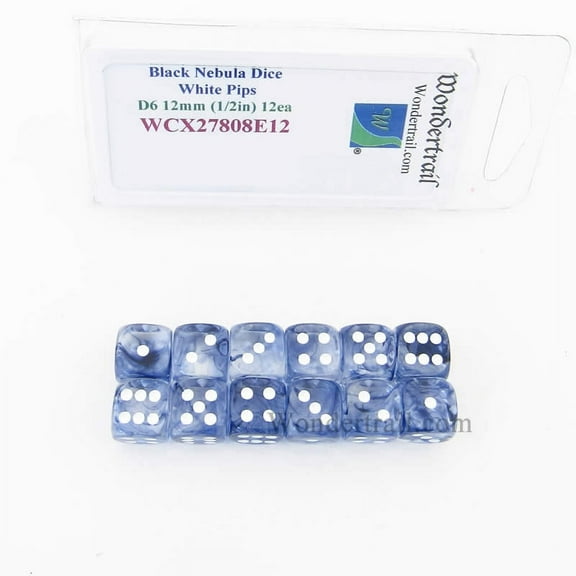 Black Nebula Dice with White Pips 12mm (1/2in) D6 Set of 12 Wondertrail