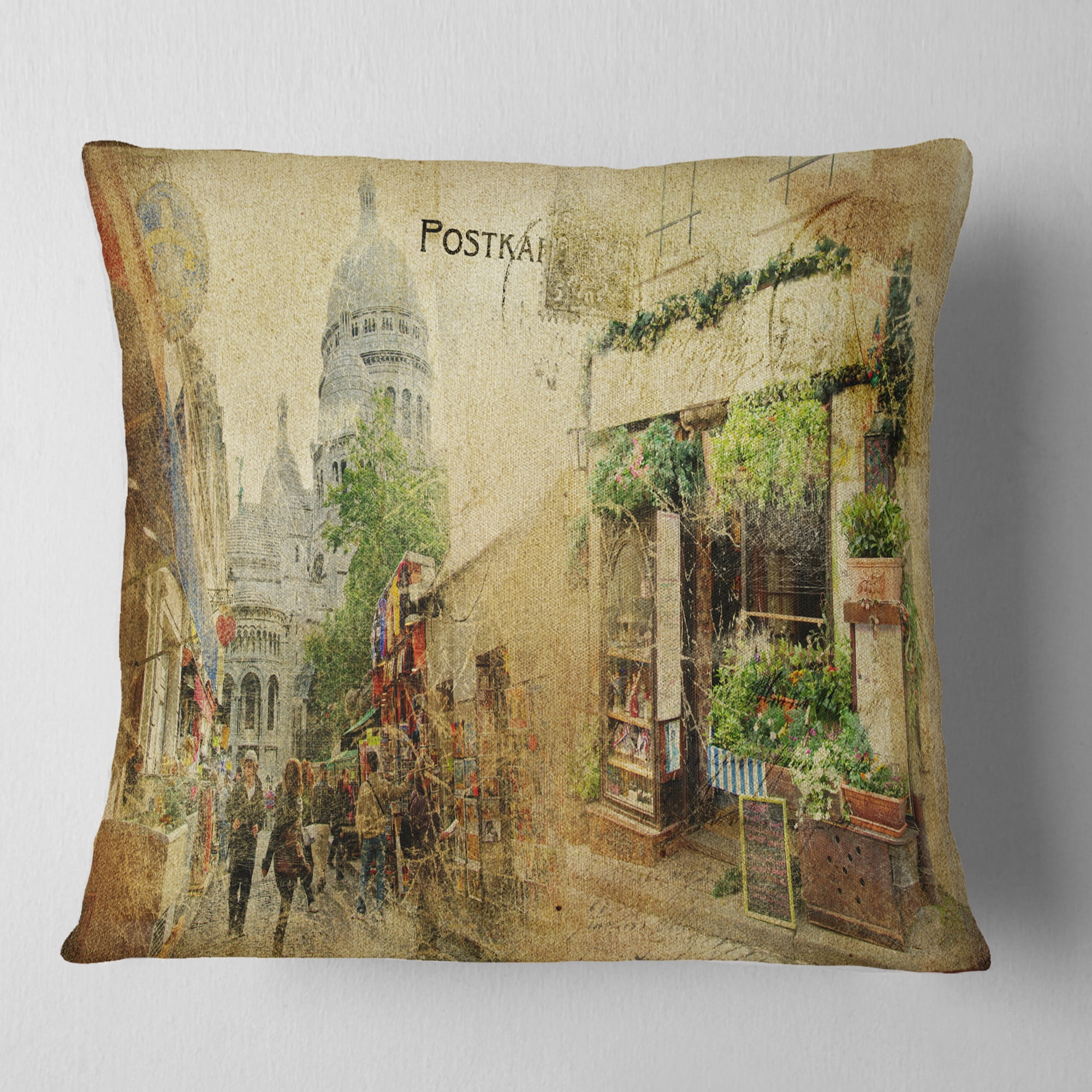 Designart Vintage Parisian Cards - Contemporary Throw Pillow - 18x18