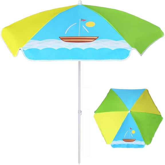 AMMSUN 5ft Seaside Kids Umbrella UPF50 for Children Sand Water Table Outdoor Play,Boat/Green