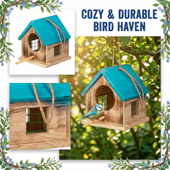 Weatherproof Small Wooden Birdhouse with Blue Roof, Outdoor Hanging Bird Haven with Perch and Mesh Window for Garden Backyard Decor