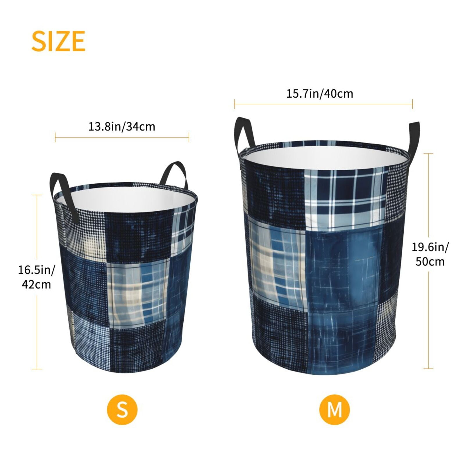 Large Laundry Basket with Handles - Indigo Patchwork Quilt Kids Baby Dirty Clothes Laundry Hamper for Bedroom Aesthetic