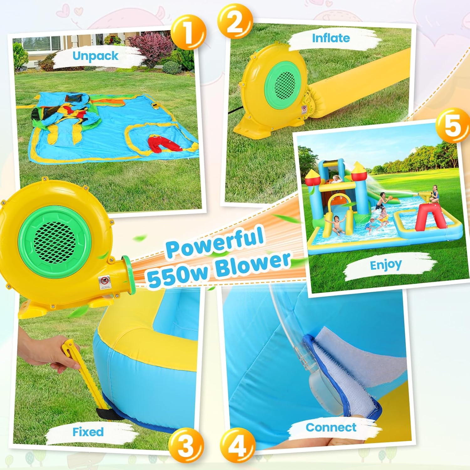 Veeboto 6-in-1 Water Slide with 550W Blower, Inflatable Bounce House with Climbing Wall, 2 Inflatable Slides, Basketball Hoop, Deep Pool, Bounce Zone for Kids, Indoor Backyard Party