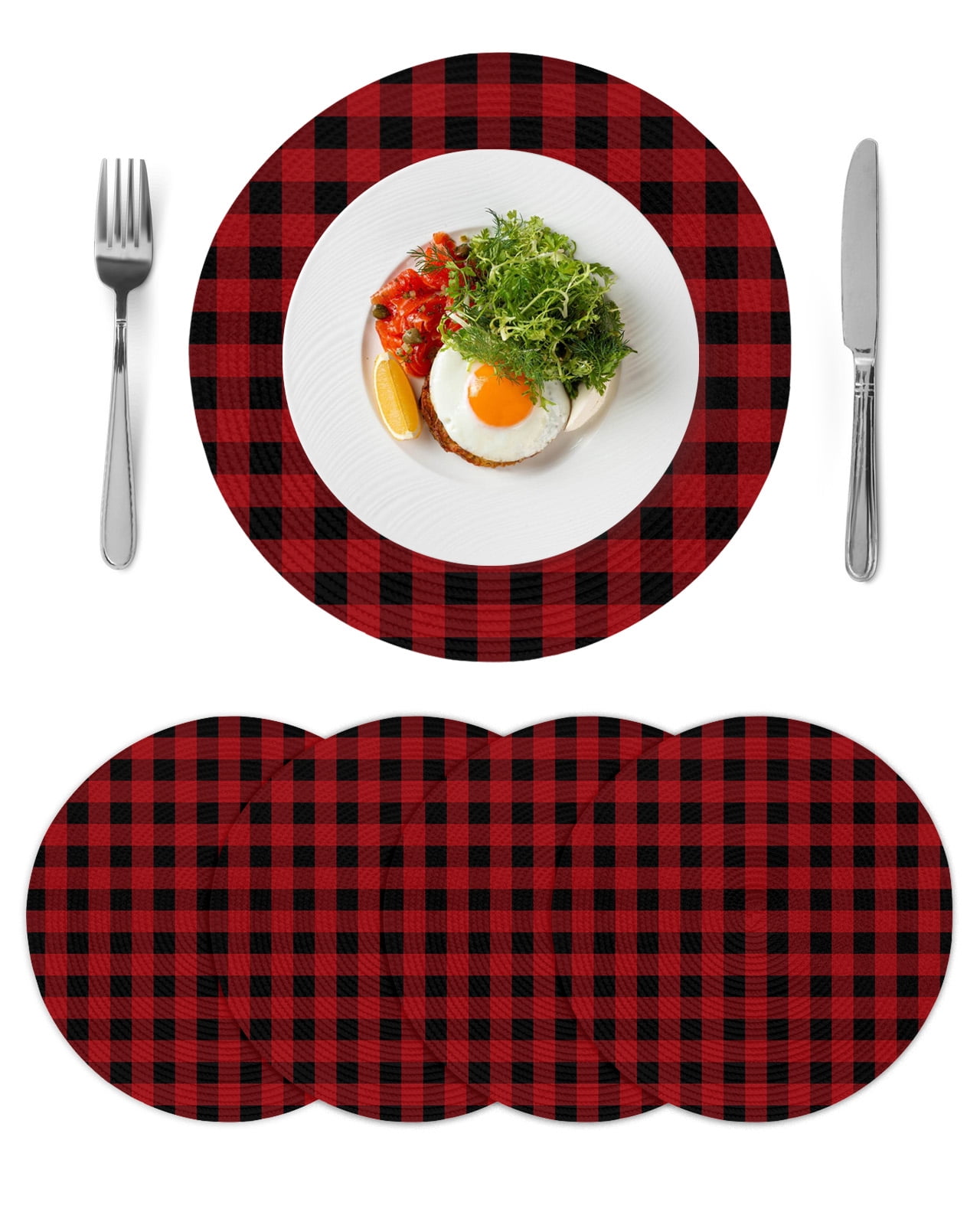 Round Placemats Set of 4 Christmas Buffalo Plaid Place Mats Washable Woven Placemat Red and Black Checkered Circle Braided Table Mat for Kitchen Dining Table Party Home Decor 15 Inch