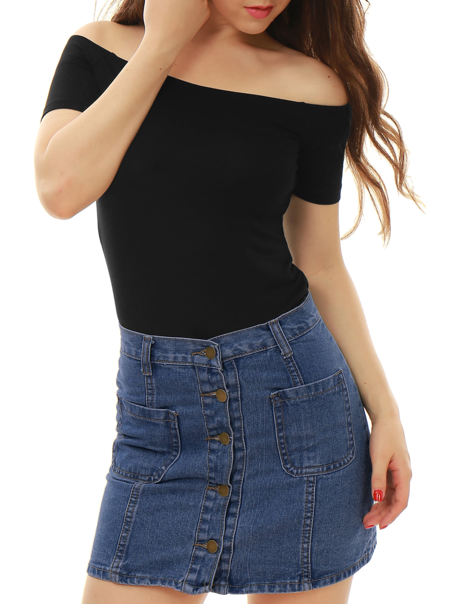 DARING DIVA Off Shoulder Crop Top M Black
