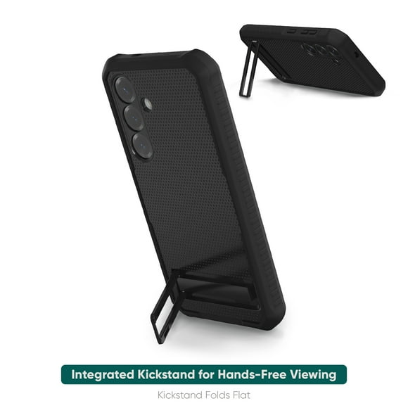 onn. Samsung Galaxy S25 Rugged Phone Case with Built-in Kickstand & Smartport Protection, Clear/Black, Drop tested to 21 ft./6.4 m