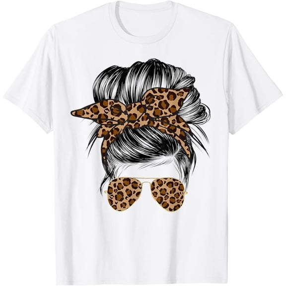 t-shirt Messy Bun Mom Leopard Messy Hair Bun Moms Life Cool Cheetah T-Shirt mens, woman, white,funny,journey,Crew Neck, Short Sleeve,custom clothing patterns.gift