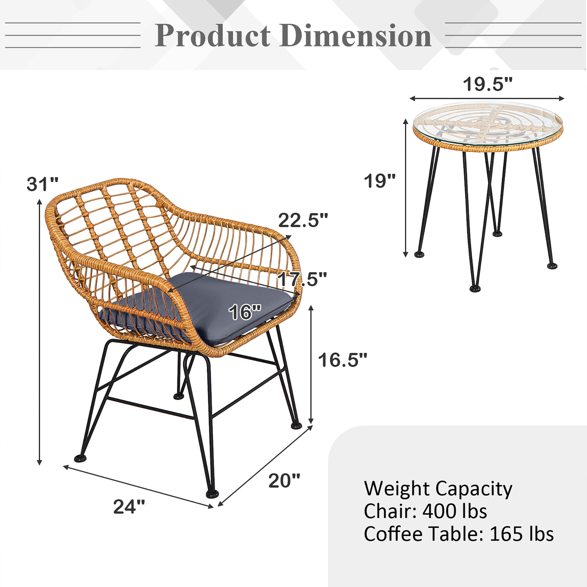 Costway 3PCS Patio Rattan Bistro Furniture Set Cushioned Chair Table Grey