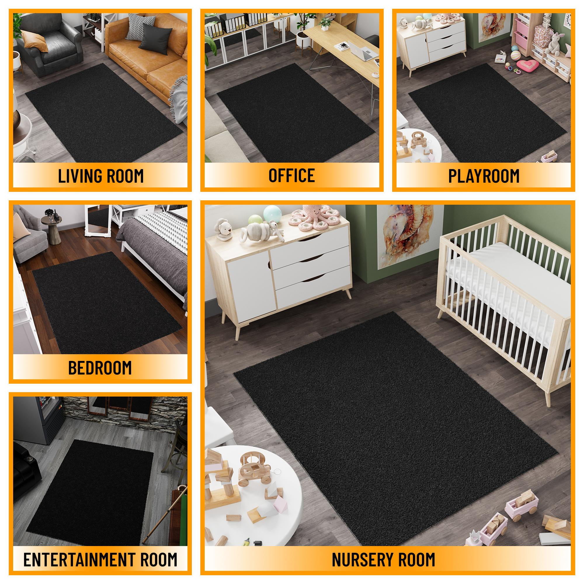 Sweet Home Stores Cozy Non-Slip Rubberback Solid 5x7 Soft Indoor Area Rug, 5' x 7', Black