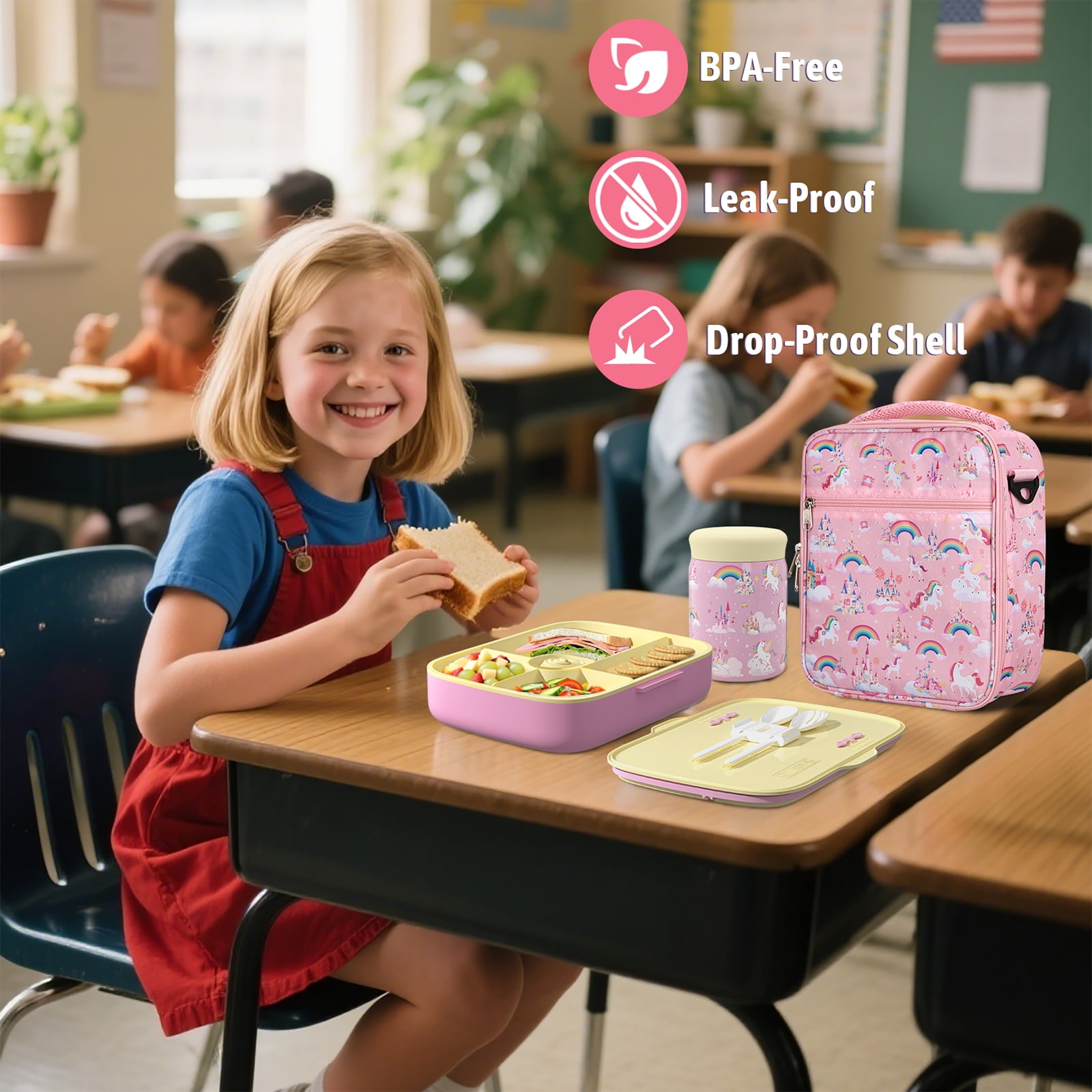 TeSabMi Bento Lunch Box for Kids Insulated Bento Box with Leak Proof Thermos Food Jar Pink Unicorn