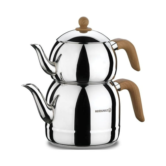 Korkmaz A196 Retro Turkish Teapot Set for Stovetop, 18/10 Stainless Steel Double Tea Maker with Heat Resistant Handles, Samovar Style Tea Kettle with 40.6 Oz (1200ml) & 84.6 Oz (2500ml)