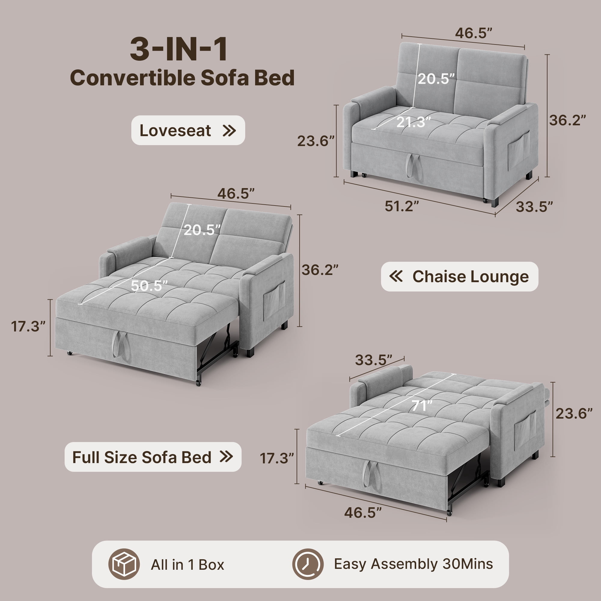 Jolifa Sofa Bed, 2 in 1 Sleeper Sofa with Detachable Linen Cover, Easy to Assemble, Recliner Lounge, Comfy Futon Pull Out Couch for Living Room/Office/Apartment (Light Grey)