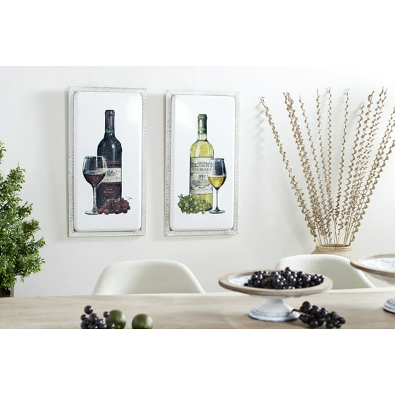 Decmode Large Red Wine & White Wine Metal Wall Art in White Wood Frames, Set of 2, 17” x 33”