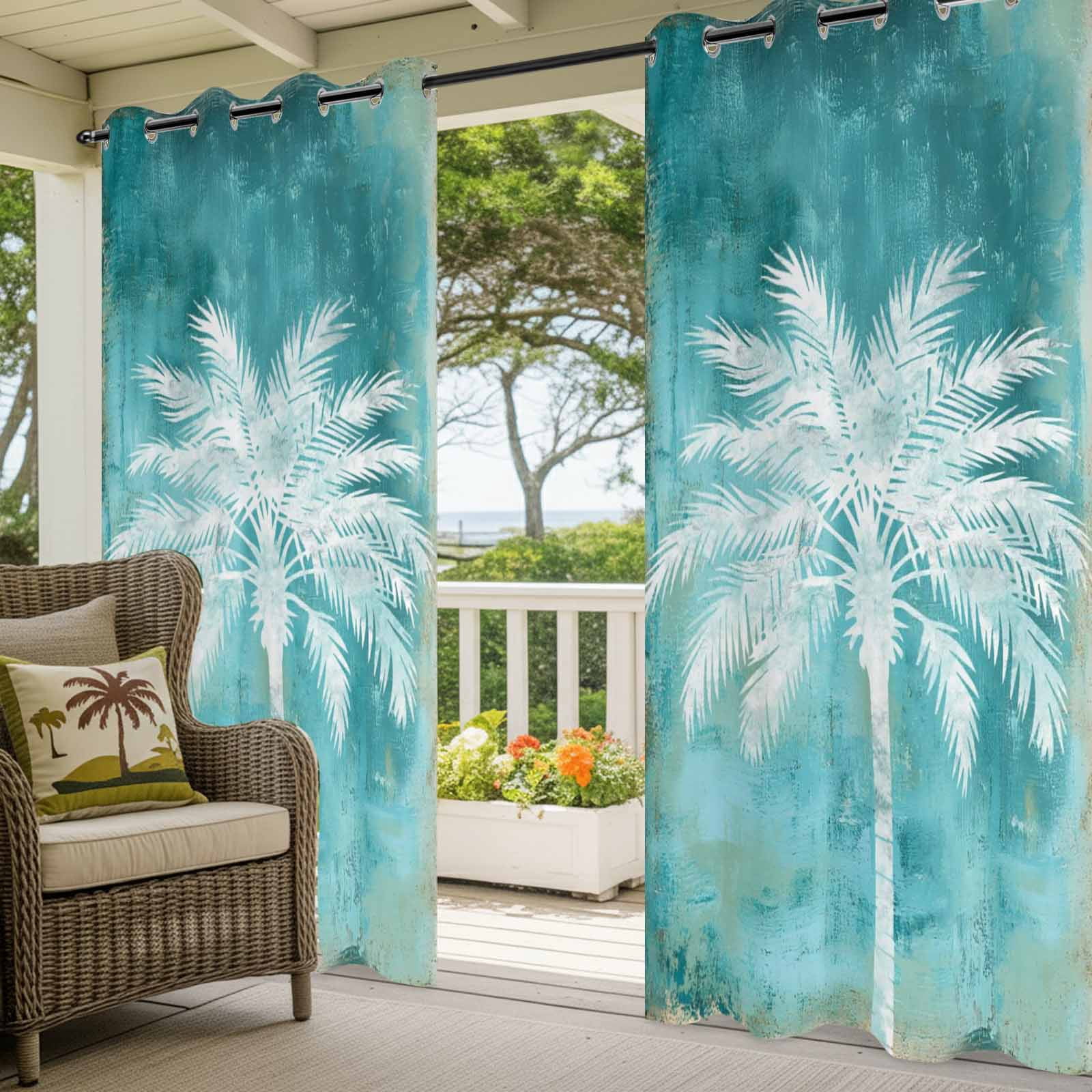 Palm Leaf Outdoor Curtains for Patio, Coastal White Palm Tree Teal Green Sunshade Privacy Drapes Grommet Waterproof Outside Curtains for Porch/Cabana/Balcony 54"x 108", 1 Panel