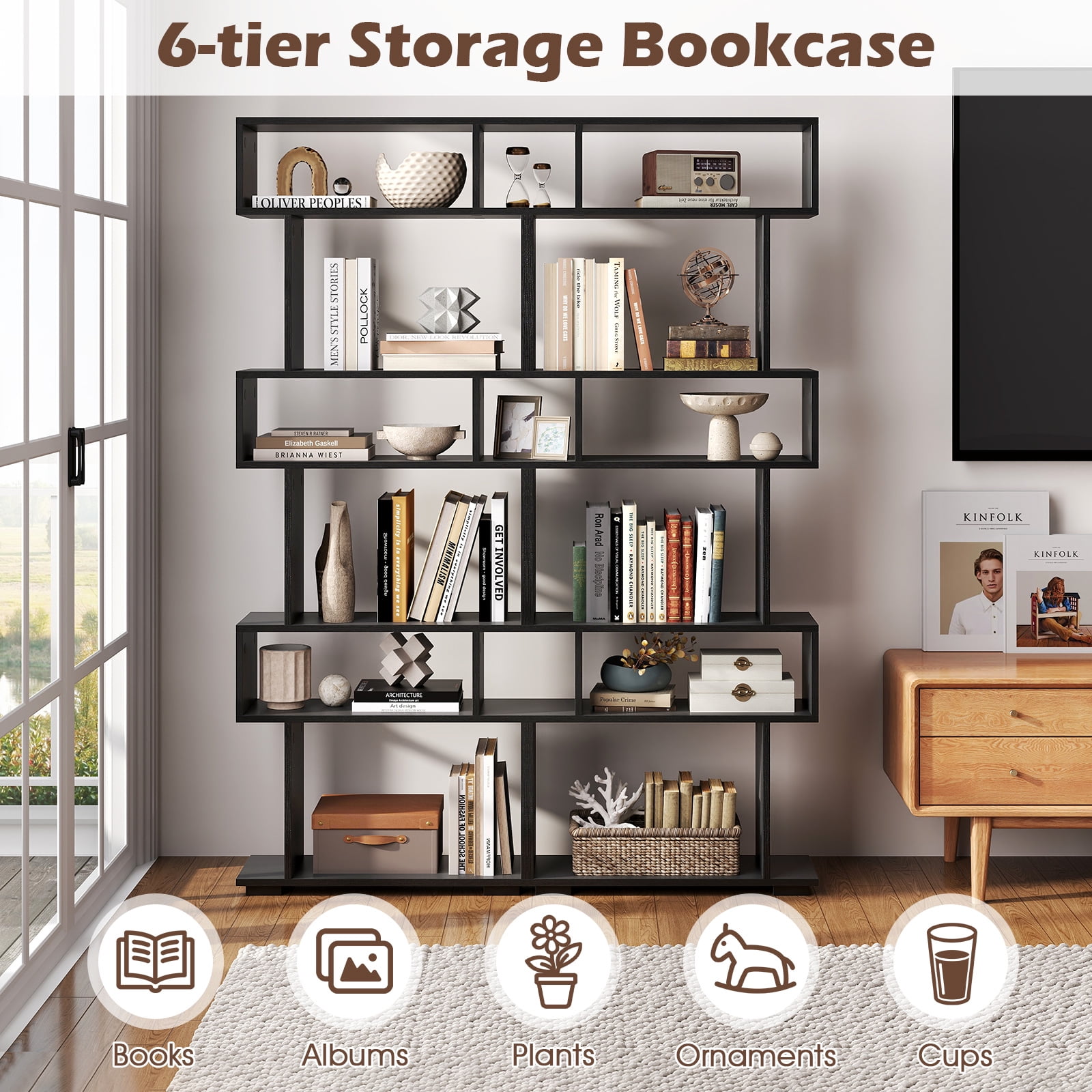 Costway 6-tier Storage Bookshelf S-shaped Geometric Bookcase with Anti-toppling Kits Black