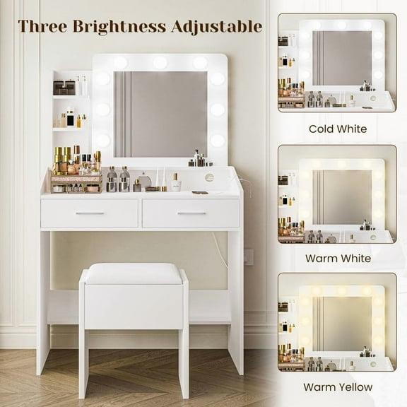 Vanity Desk with Lights, White Makeup Table with Mirror, 3 Light Modes, 2 Drawers & Stool