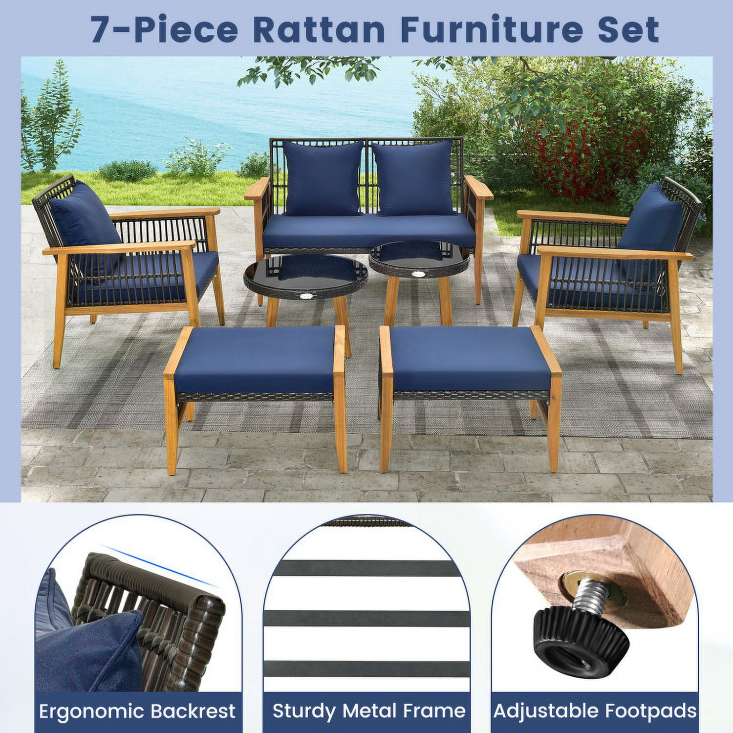 Aimee Lii 7 Piece Outdoor Conversation Set with Stable Acacia Wood Frame, Outdoor Patio Set, Navy Aimee Lii 7 Piece Outdoor Conversation Set with Stable Acacia Wood Frame, Outdoor Patio Set, Navy