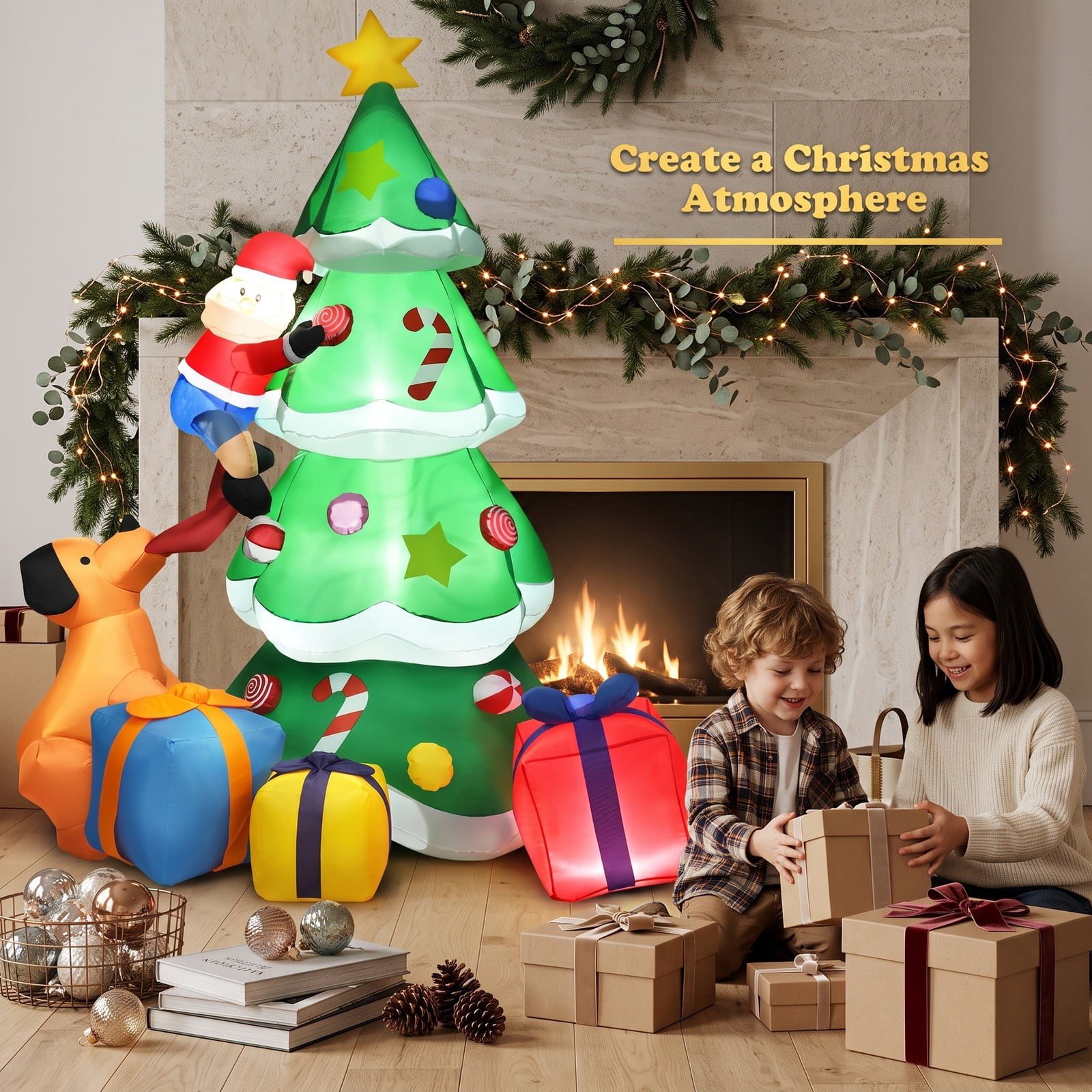 RUIE 7 FT Inflatable Christmas Tree with LED Lights, Blow Up Santa Claus Yard Decoration for Outdoor Xmas Holiday Lawn Garden Party Decor, Green