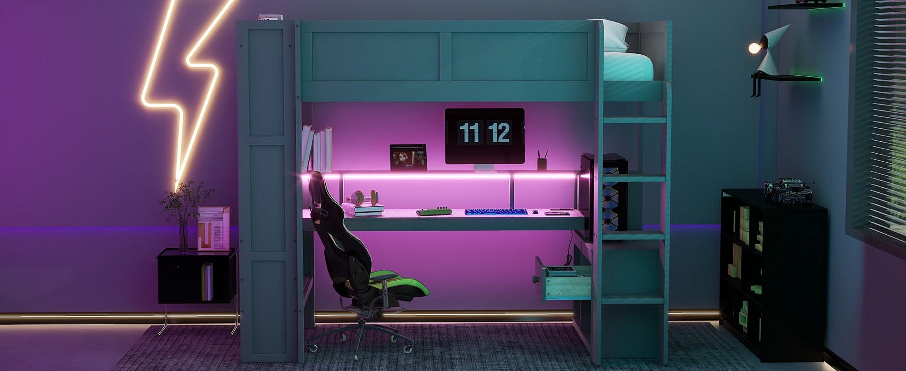 Homy Casa Wood Twin Size Gaming Loft Bed with Desk Shelves LED and Charging Station for Teen Bedrooms