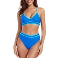 thumbnail image 4 of RELLECIGA Women's Criss-Cross 2 Piece Swimsuit Set V Neck Sexy Bikinis High Waisted Bathing Suits Color Block Blue Beach Swimwear Bikini Set, 4 of 6