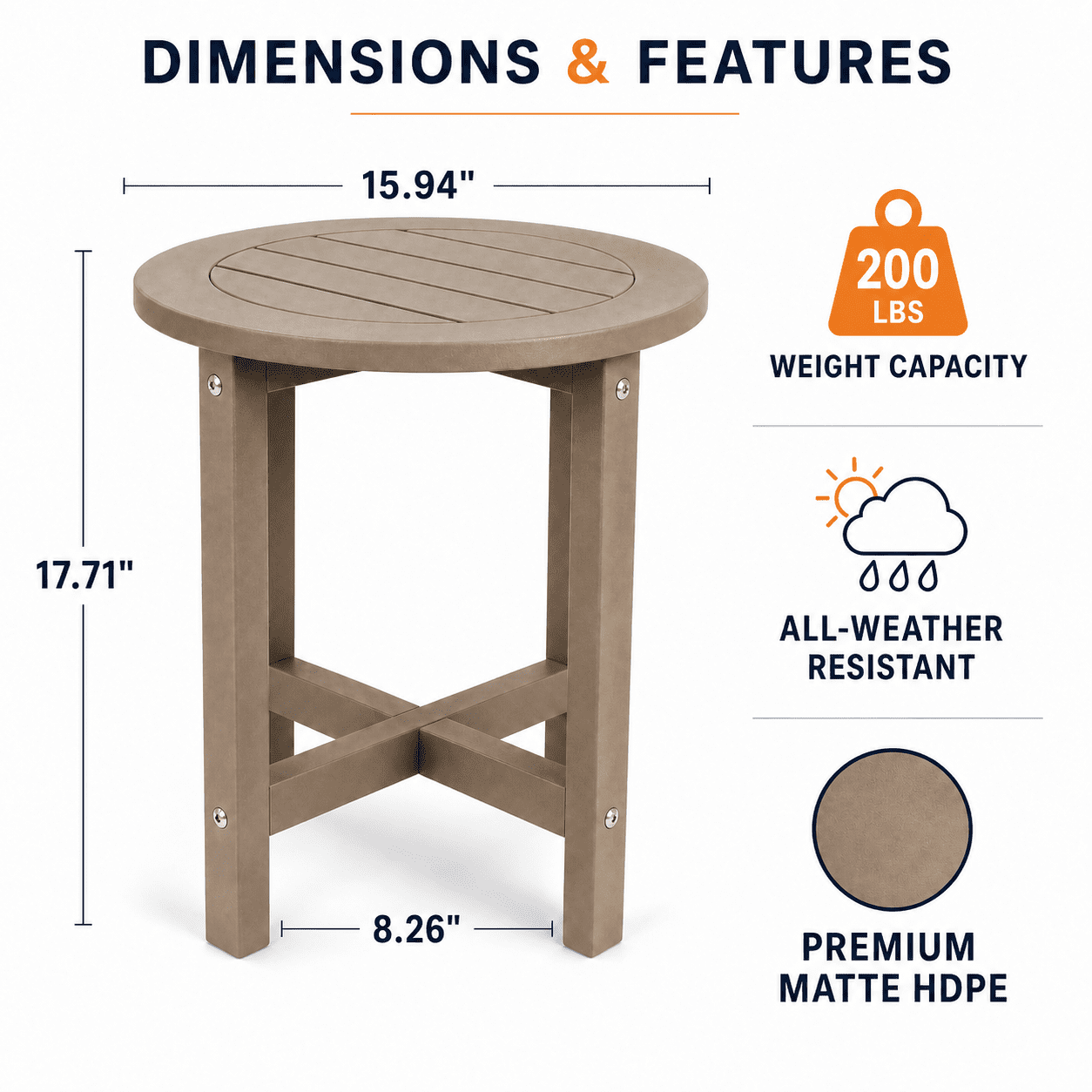 HDPE All-Weather Outdoor Side Table, 15.94×15.94×17.71 Inch Compact Patio End Table, Lightweight Weatherproof Small Side Table for Balcony Porch Poolside