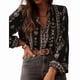 thumbnail image 2 of Camisa Informal de con Cuello en V y Estampado Floral para Mujer, Larga, Estilo Bohemio, para y Otoño. Negro S, 2 of 9
