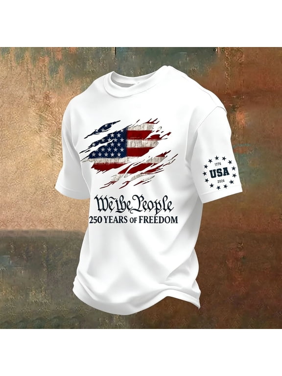 Men's 250th Anniversary We The People T-Shirt, American Flag Graphic Patriotic Short Sleeve Crew Neck Tee White XL