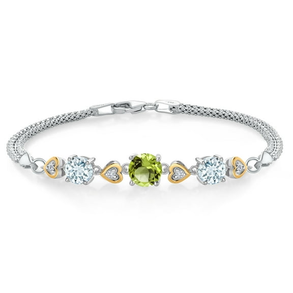 Gem Stone King 925 Sterling Silver and 10k Yellow Gold Green Peridot Sky Blue Aquamarine and White Lab Grown Diamond Bracelet for Women (3.03 Cttw, Round 7MM and 6MM, 6.5/7/7.5 inch, Made in Italy)