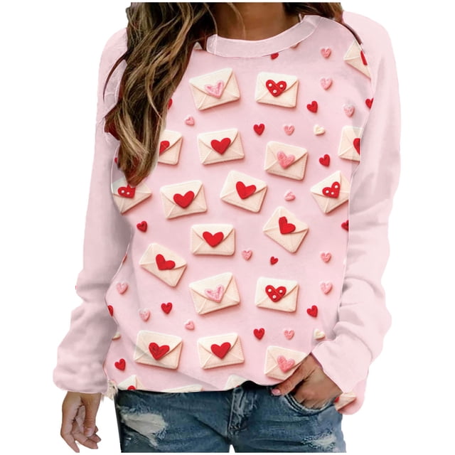 VALMASS Chandails en Molleton Col Rond pour Femmes Saint-Valentin Imprimé Floral Manches Longues Mode Décontractée Blouses Sans Capuche (TG, Rose-L)