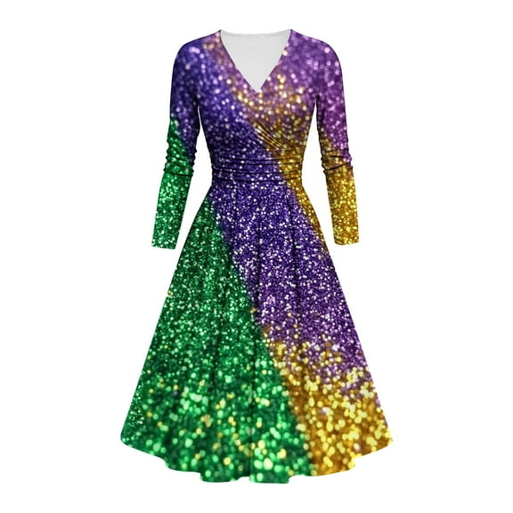 Jjayotai Mardi Gras Costume Dress, Women Carnival Long Sleeve Dresses, Purple Gold Green Stripe Print Outfits, Suit for Cocktail Party Multicolor L