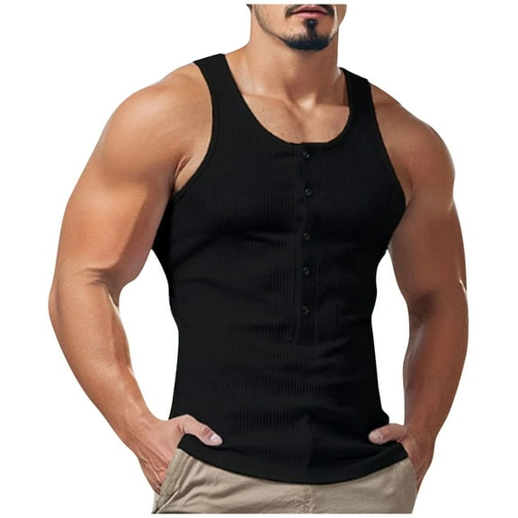 Npasoilc Summer Knit Ribbed Tank Tops for Men Sleeveless Round Neck Button Pullover Vest Lightweight Breathable Muscle Shirts Casual Gym Athletic Shirts