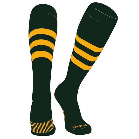 PEAR SOX Striped OTC Baseball, Softball, Football Socks (A) Forest Green, Gold (XS)
