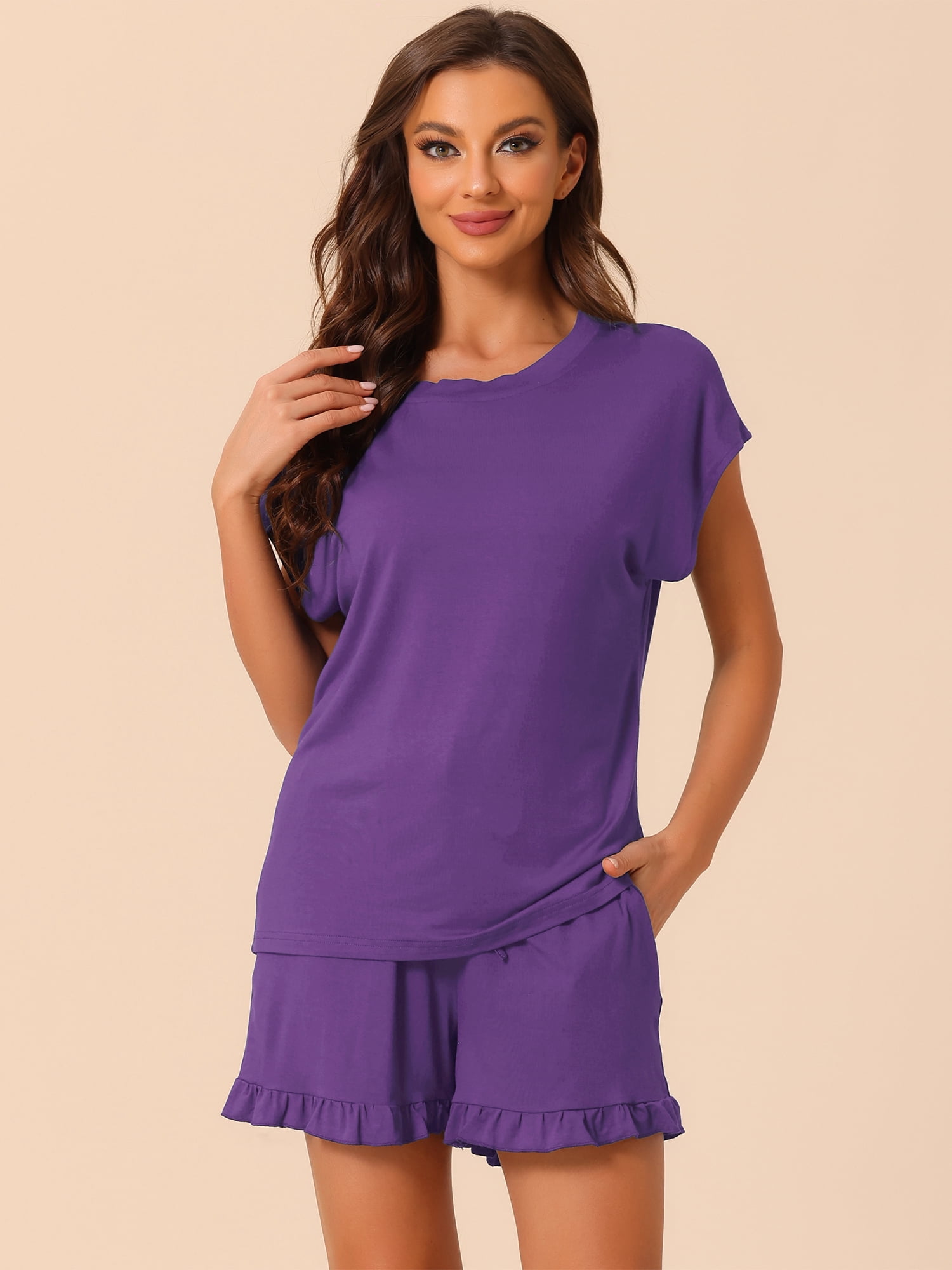 DARING DIVA Women's Lounge Pajamas Short Sleeve Tops with Shorts Pockets XL Dark Purple