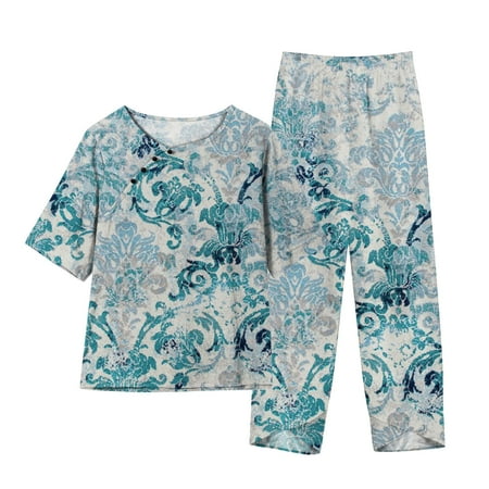 Atogsazn Women s 2 Piece Linen Sets Summer Casual Printed Short Sleeve Round Neck Top + Wide-Leg Pants Suit Loungewear Set Green S on Clearance