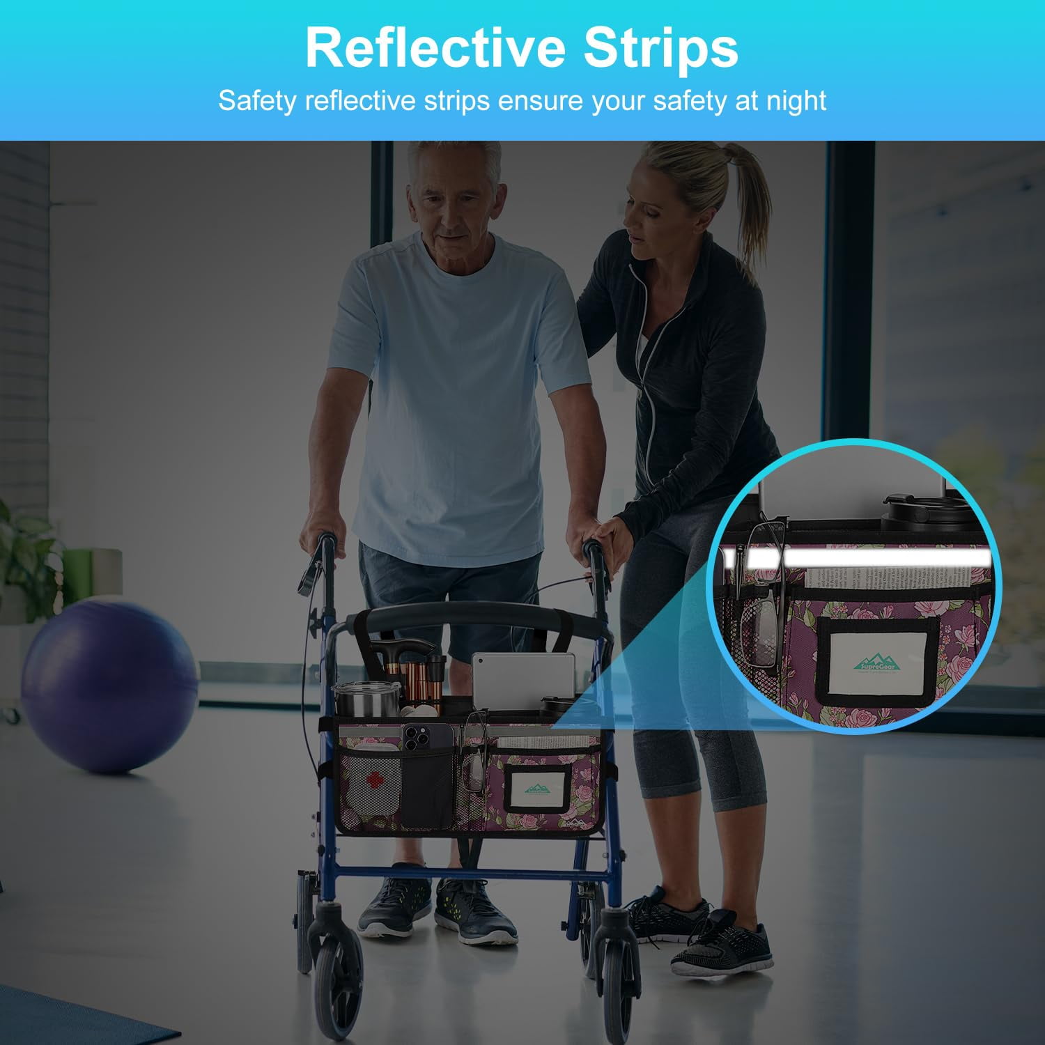SupreGear Foldable Waterproof Rollator Bag with Cup Holder, Floral Purple Storage Pouch for Walker