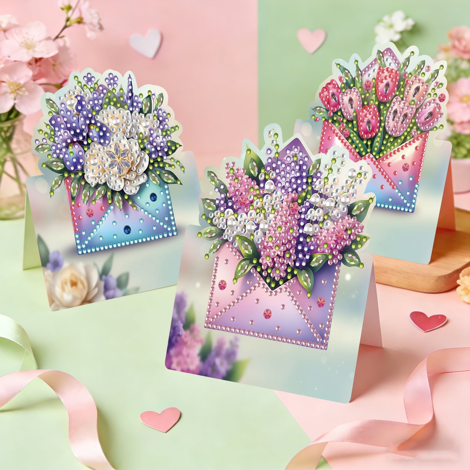 FLOPESN 6Pcs DIY Diamond Art Greeting Cards Set, Spring Flower 3D Folding Thank You Card For Birthday Holiday Blessing Gift(included envelopes)