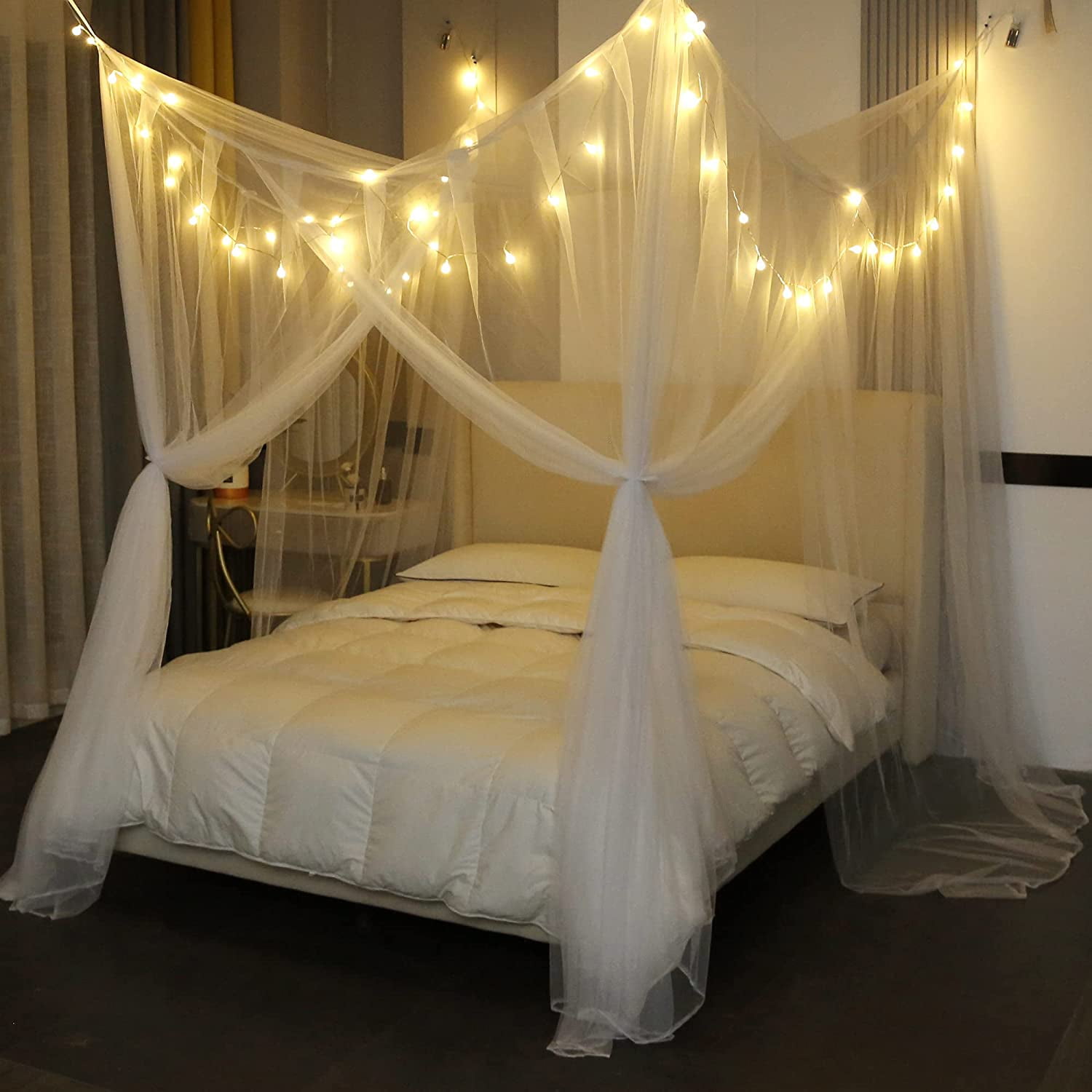 Bed Canopy for Full Queen King Size Bed,Canopy Bed Curtains Elegant Mosquito Net,Mosquito Netting for Camping Patio Indoor Outdoor Bug Net,White