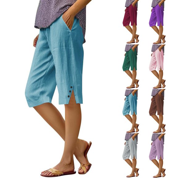 Women's Plus Size Loose Fit Shorts in Soft Cotton Linen Blend with Side Slit and Pocket for Summer Casual Wear