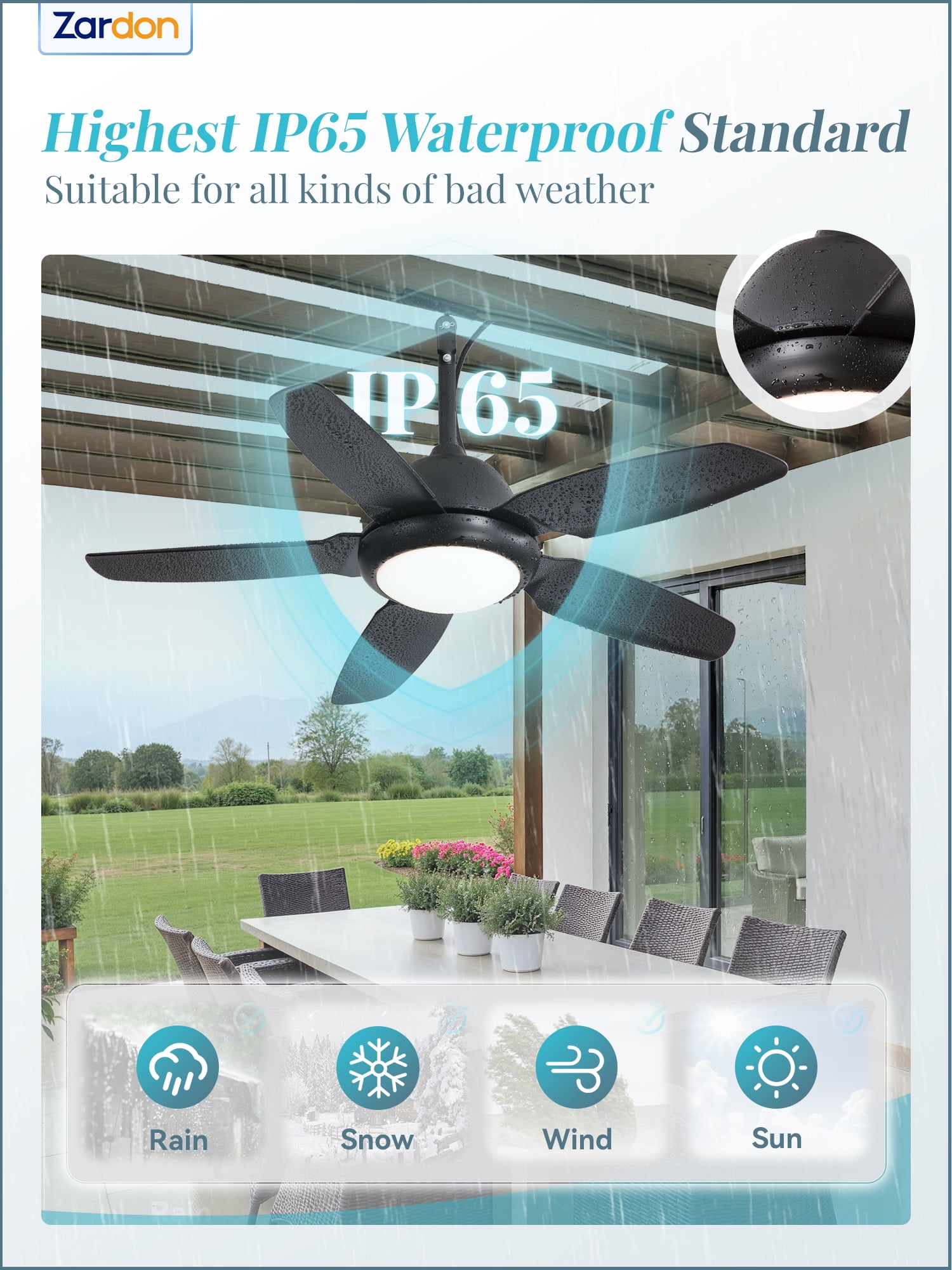 Zardon 42" Modern Outdoor Ceiling Fan with Light and Remote Control 6-Speed DC Motor, 3 Color Temperatures, Weather-Resistant for Outdoor, Black